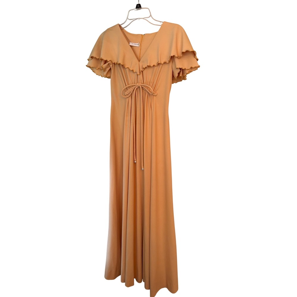 Vintage 70s Maxi Dress Gold Taupe Ruffle Cape Collar Braided Empire Waist Gown 9